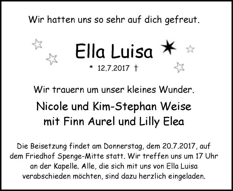  Traueranzeige für Ella Luisa Weise vom 15.07.2017 aus Neue Westfälische