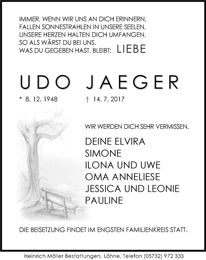  Traueranzeige für Udo Jaeger vom 17.07.2017 aus Neue Westfälische