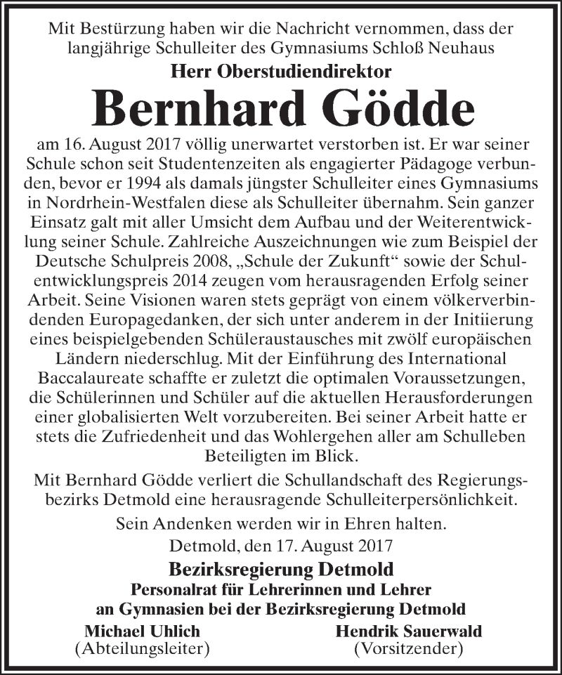  Traueranzeige für Bernhard Gödde vom 21.08.2017 aus Neue Westfälische