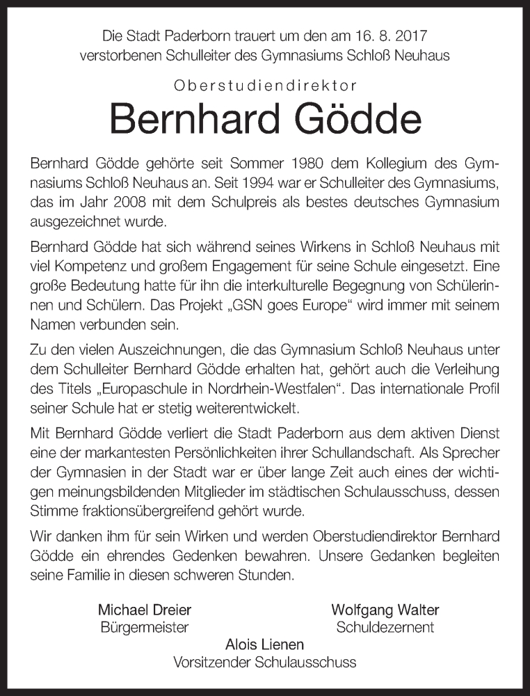  Traueranzeige für Bernhard Gödde vom 21.08.2017 aus Neue Westfälische