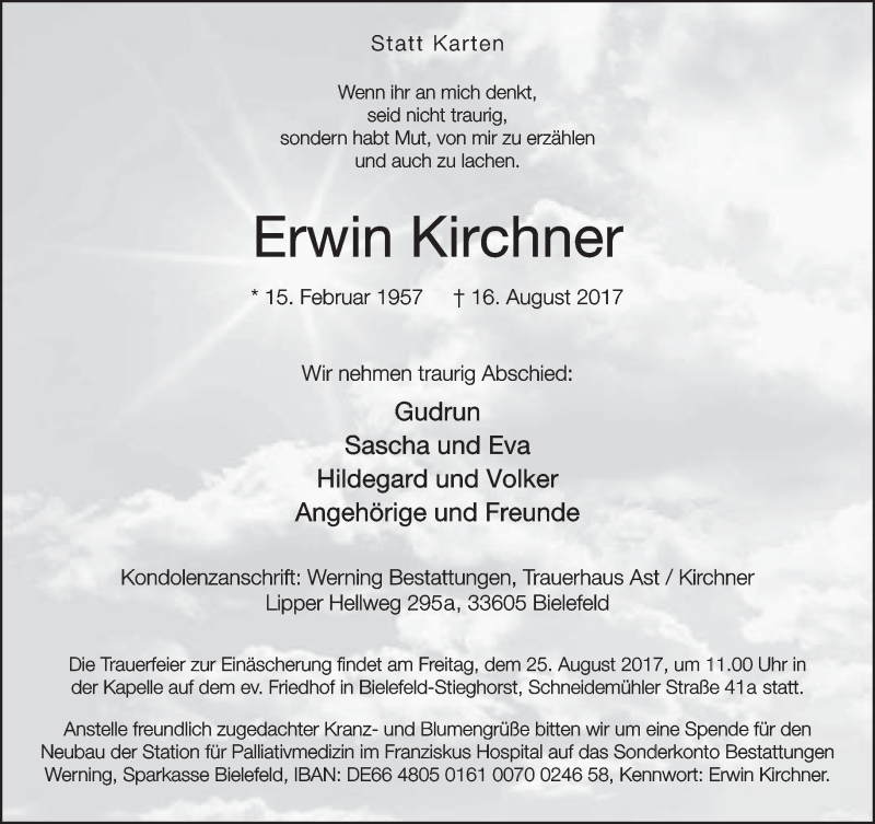  Traueranzeige für Erwin Kirchner vom 19.08.2017 aus Neue Westfälische