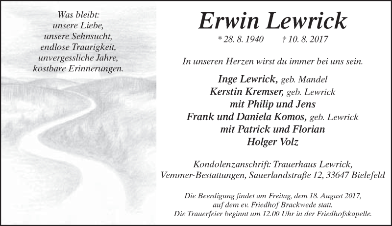  Traueranzeige für Erwin Lewrick vom 12.08.2017 aus Neue Westfälische