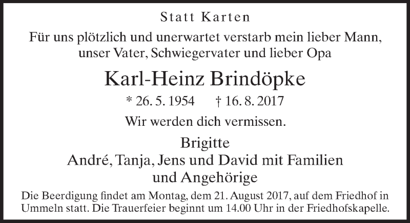  Traueranzeige für Karl-Heinz Brindöpke vom 19.08.2017 aus Neue Westfälische