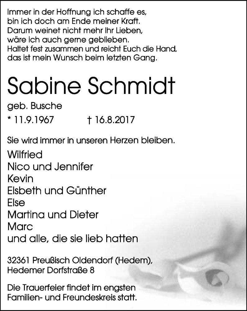  Traueranzeige für Sabine Schmidt vom 19.08.2017 aus Neue Westfälische