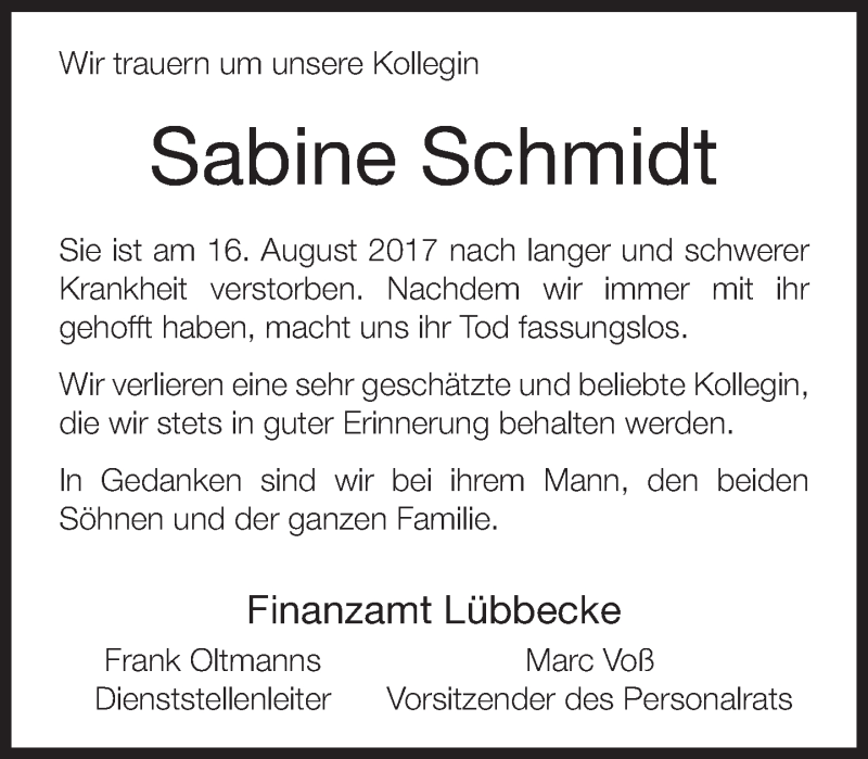  Traueranzeige für Sabine Schmidt vom 23.08.2017 aus Neue Westfälische