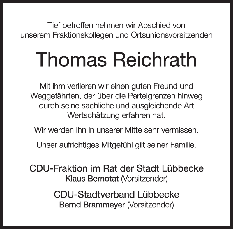  Traueranzeige für Thomas Reichrath vom 18.08.2017 aus Neue Westfälische