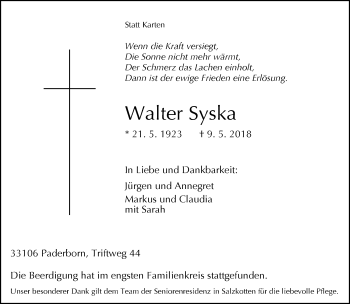 Traueranzeige von Walter Syska von Neue Westfälische