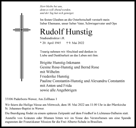 Traueranzeige von Rudolf Hunstig von Neue Westfälische
