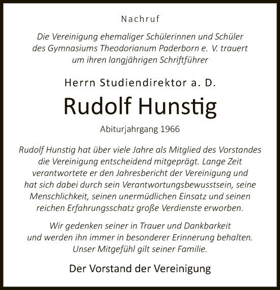 Traueranzeige von Rudolf Hunstig von Neue Westfälische