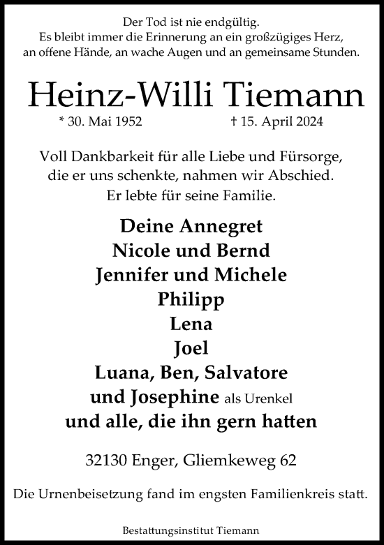 Traueranzeige von Heinz-Willi Tiemann von Neue Westfälische