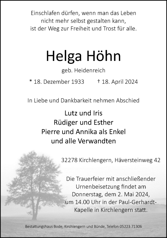 Traueranzeige von Helga Höhn von Neue Westfälische