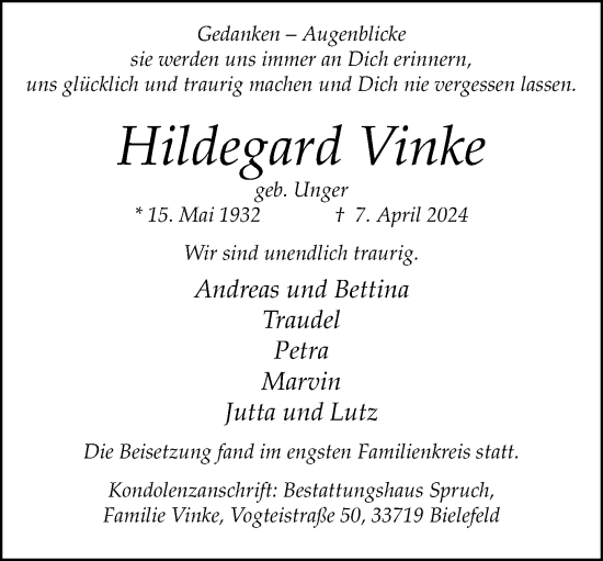 Traueranzeige von Hildegard Vinke von Neue Westfälische
