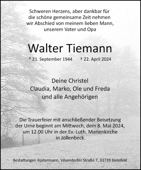 Traueranzeige von Walter Tiemann von Neue Westfälische