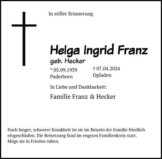 Traueranzeige von Helga Ingrid Franz von Neue Westfälische