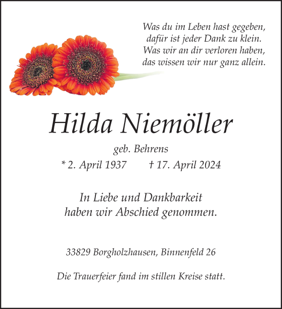 Traueranzeige von Hilda Niemöller von Neue Westfälische