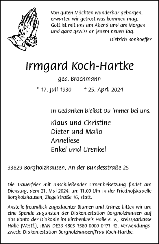 Traueranzeige von Irmgard Koch-Hartke von Neue Westfälische