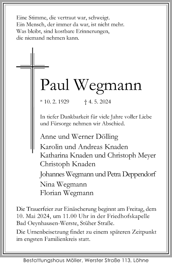 Traueranzeige von Paul Wegmann von Neue Westfälische