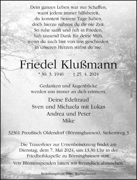 Traueranzeige von Friedel Klußmann von Neue Westfälische