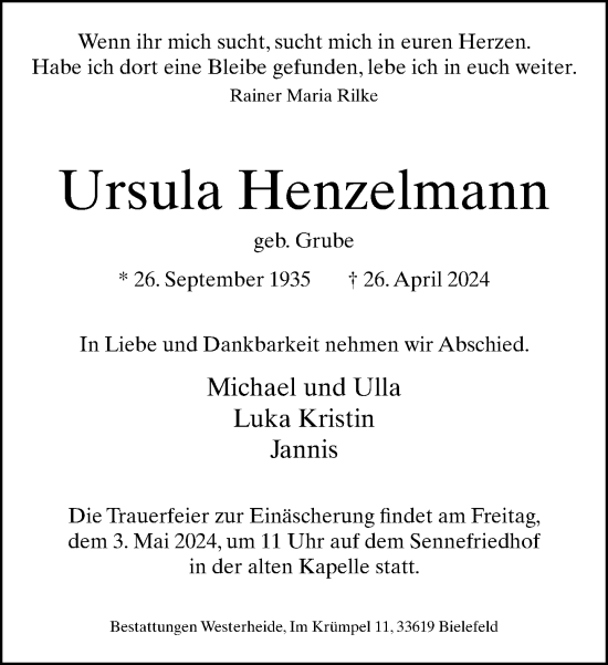 Traueranzeige von Ursula Henzelmann von Neue Westfälische