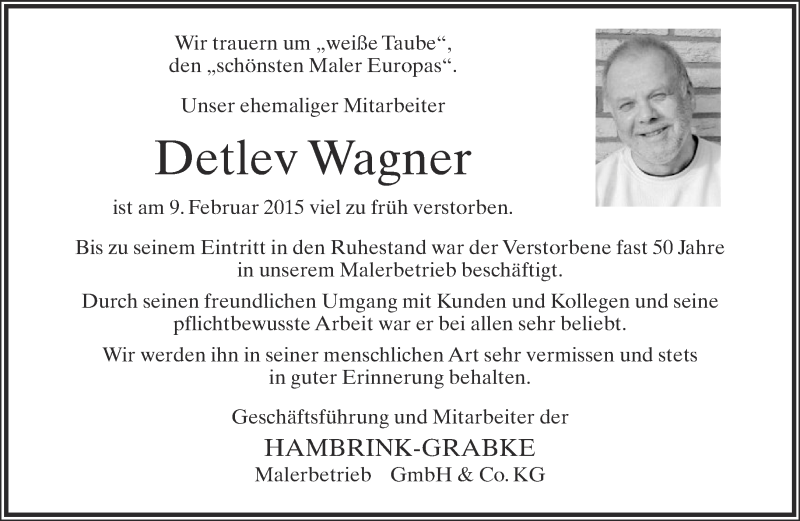  Traueranzeige für Detlev Wagner vom 14.02.2015 aus Neue Westfälische