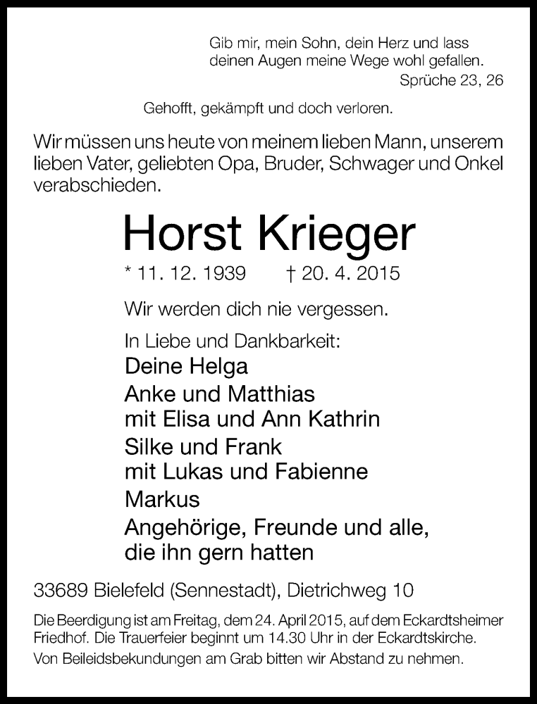  Traueranzeige für Horst Krieger vom 22.04.2015 aus Neue Westfälische