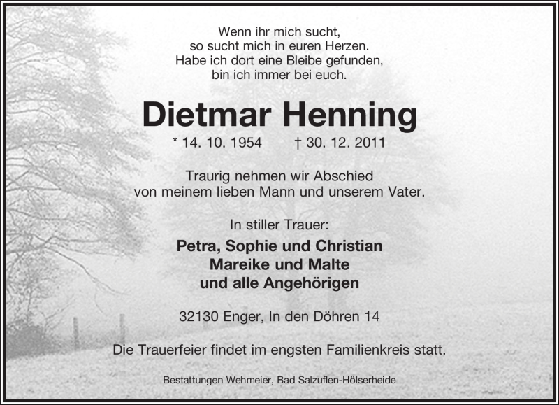  Traueranzeige für Dietmar Henning vom 03.01.2012 aus Neue Westfälische