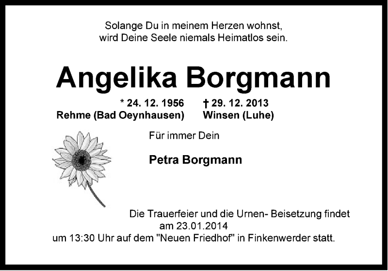  Traueranzeige für Angelika Borgmann vom 11.01.2014 aus Neue Westfälische