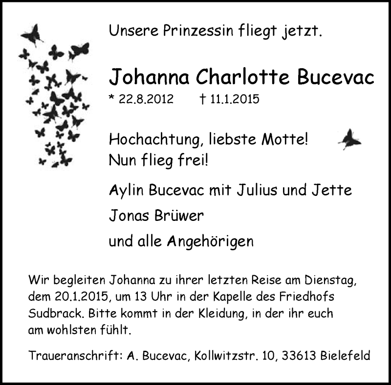  Traueranzeige für Johanna Charlotte Bucevac vom 14.01.2015 aus Neue Westfälische