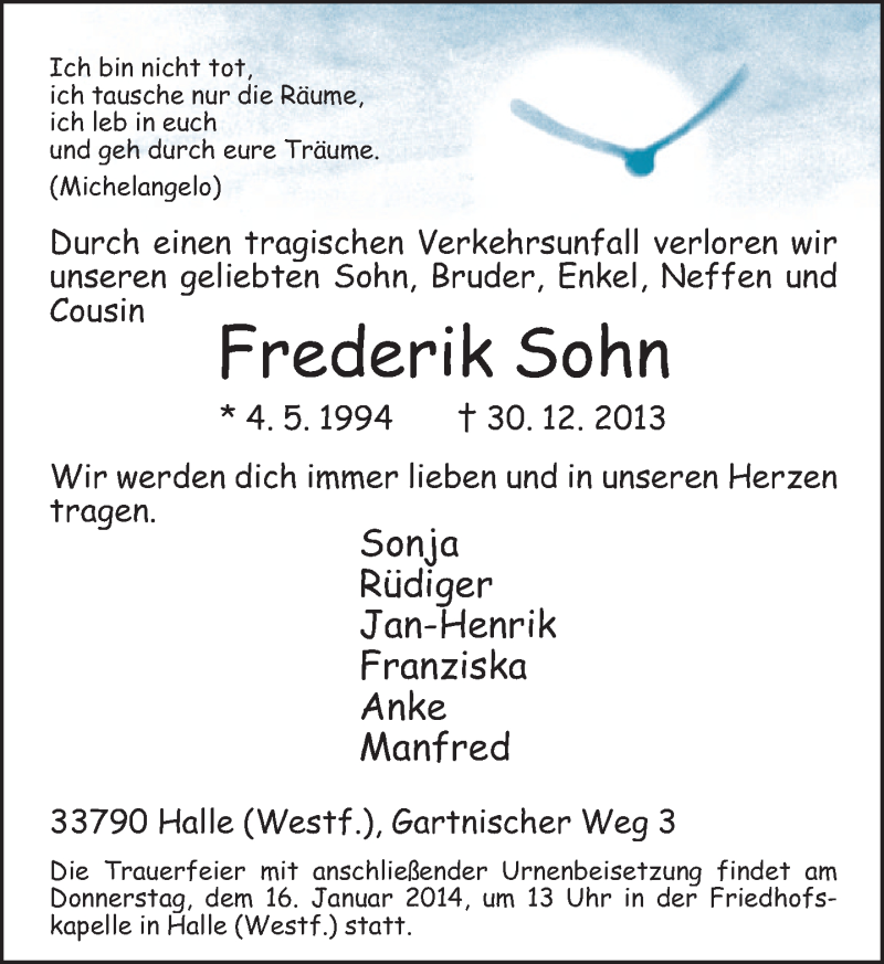  Traueranzeige für Frederik Sohn vom 13.01.2014 aus Neue Westfälische