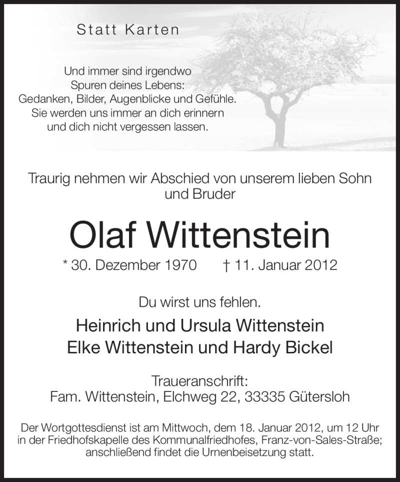  Traueranzeige für Olaf Wittenstein vom 14.01.2012 aus Neue Westfälische