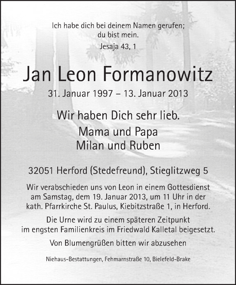  Traueranzeige für Jan Leon  Formanowitz vom 15.01.2013 aus Neue Westfälische