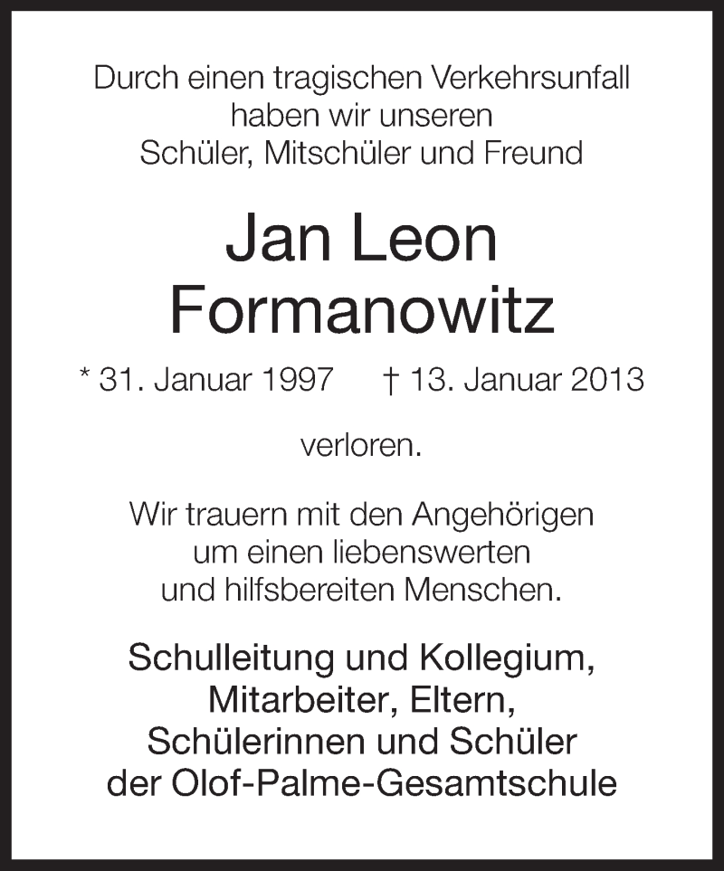  Traueranzeige für Jan Leon  Formanowitz vom 17.01.2013 aus Neue Westfälische