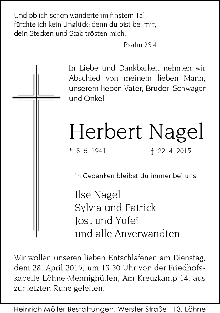 Traueranzeige für Herbert Nagel vom 25.04.2015 aus Neue Westfälische
