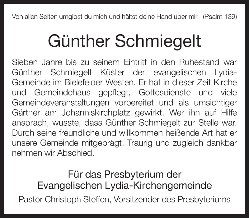  Traueranzeige für Günther Schmiegelt vom 07.02.2013 aus Neue Westfälische