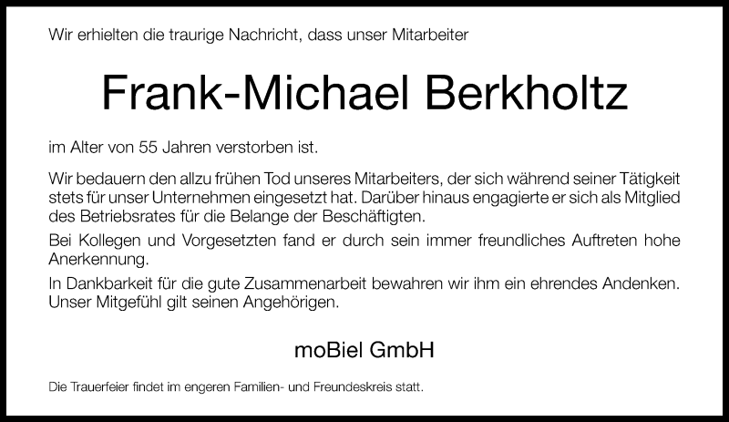  Traueranzeige für Frank-Michael Berkholtz vom 13.02.2013 aus Neue Westfälische