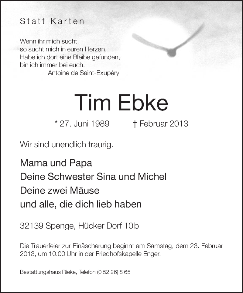  Traueranzeige für Tim Ebke vom 20.02.2013 aus Neue Westfälische