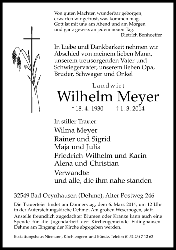 Traueranzeige von Wilhelm Meyer von Neue Westfälische