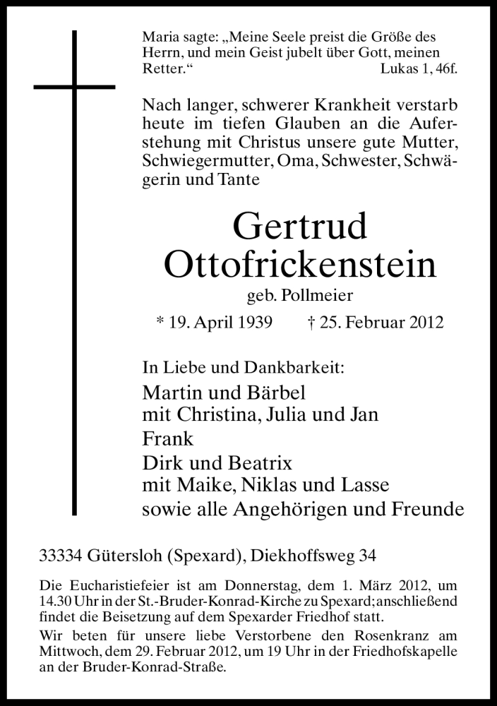  Traueranzeige für Gertrud Ottofrickenstein vom 28.02.2012 aus Neue Westfälische