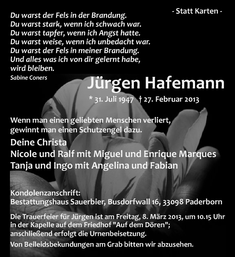  Traueranzeige für Jürgen Hafemann vom 06.03.2013 aus Neue Westfälische