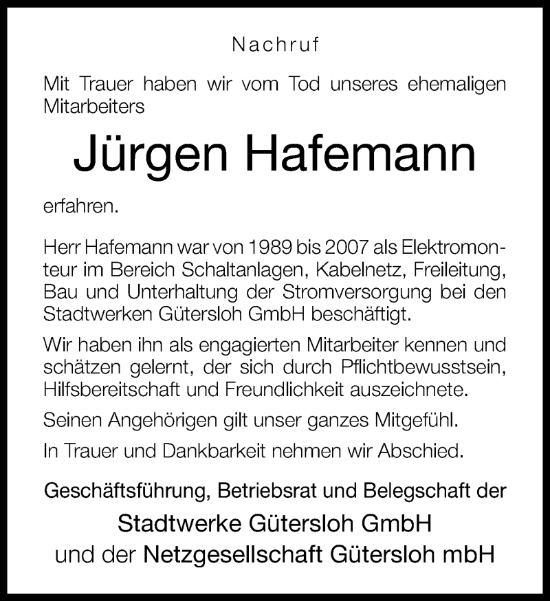  Traueranzeige für Jürgen Hafemann vom 07.03.2013 aus Neue Westfälische