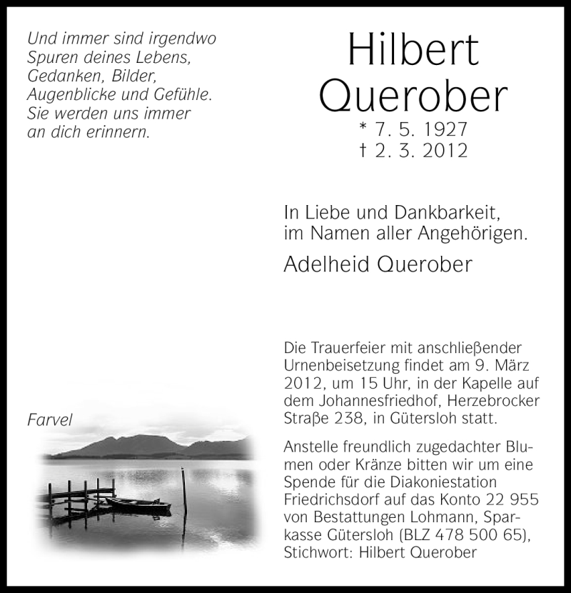  Traueranzeige für Hilbert Querober vom 05.03.2012 aus Neue Westfälische