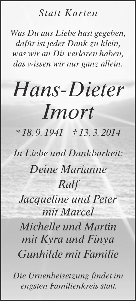  Traueranzeige für  Hans-Dieter Imort vom 18.03.2014 aus Neue Westfälische