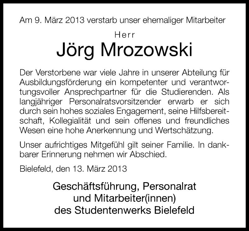 Traueranzeige für Jörg Mrozowski vom 14.03.2013 aus Neue Westfälische