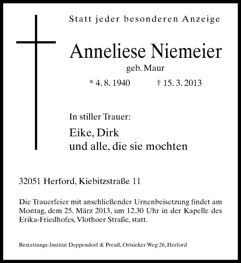  Traueranzeige für Anneliese Niemeier vom 20.03.2013 aus Neue Westfälische