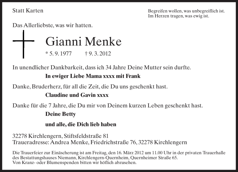  Traueranzeige für Gianni Menke vom 14.03.2012 aus Neue Westfälische
