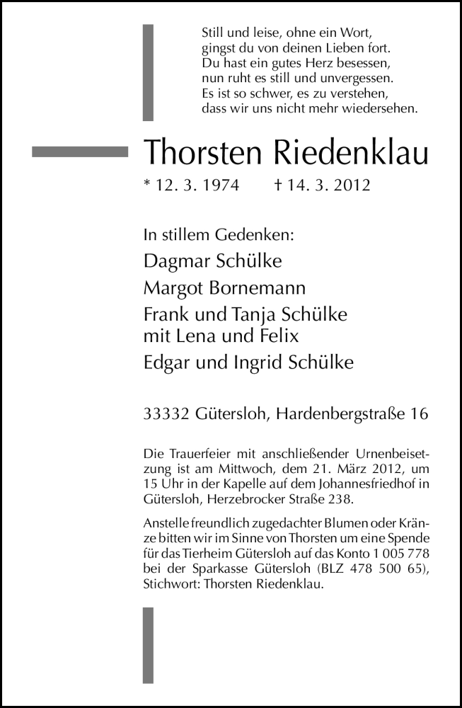  Traueranzeige für Thorsten Riedenklau vom 16.03.2012 aus Neue Westfälische
