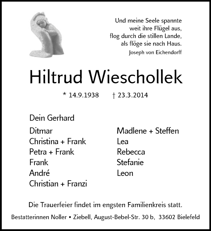 Traueranzeige für Hiltrud Wieschollek vom 26.03.2014 aus Neue Westfälische