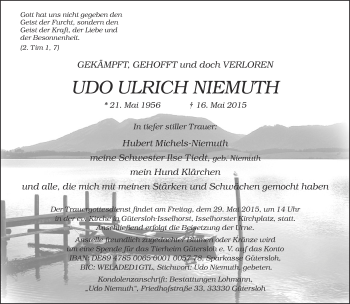 Traueranzeige von Udo Ulrich Niemuth von Neue Westfälische