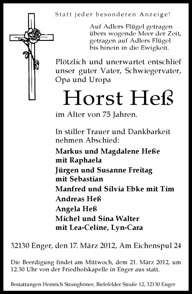  Traueranzeige für Horst Heß vom 19.03.2012 aus Neue Westfälische