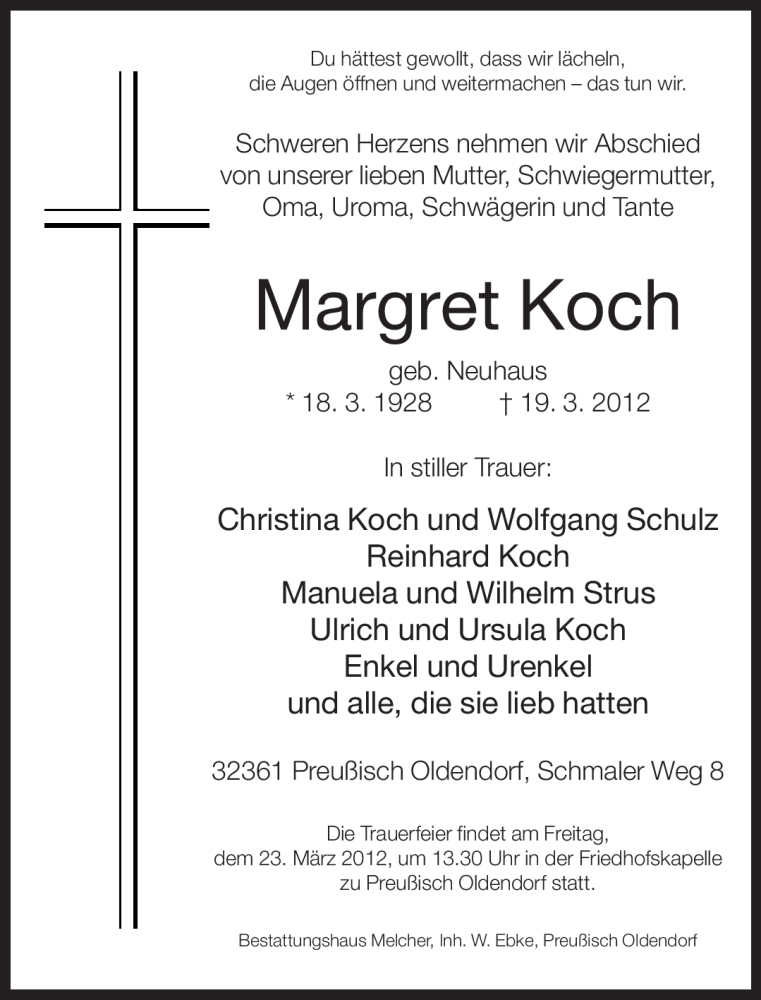  Traueranzeige für Margret Koch vom 22.03.2012 aus Neue Westfälische